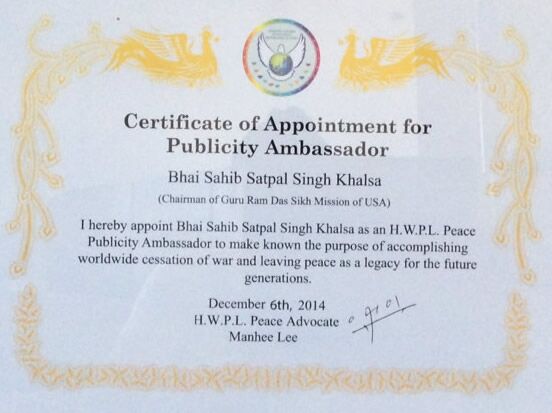 Certificate of appointment for publicity ambassador bhai sahib satpal singh khalsa